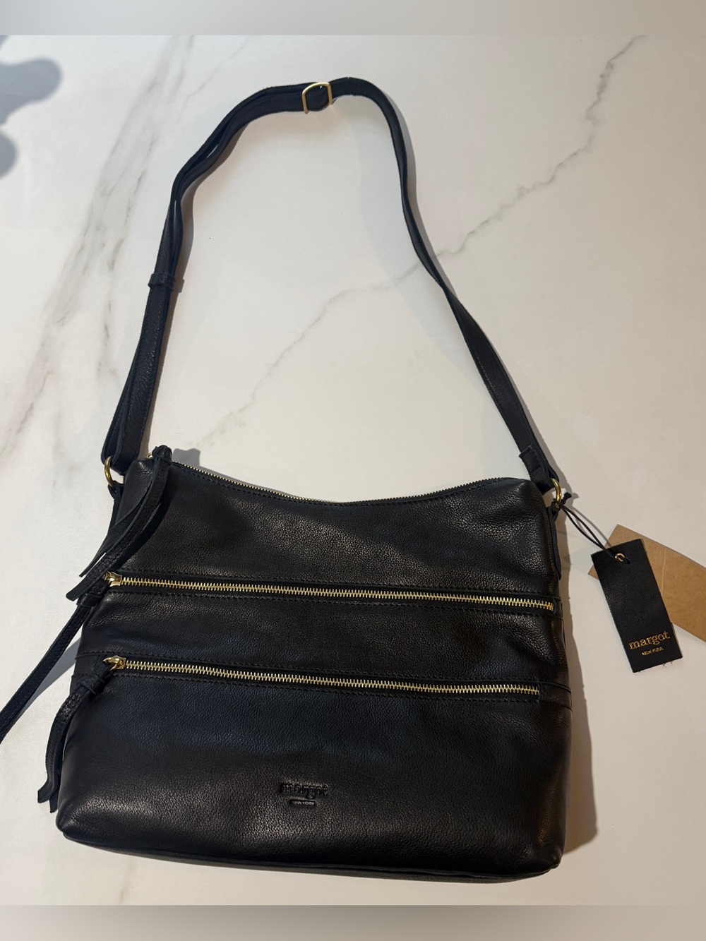 Margot Genuine Leather Black Crossbody Bag with Gold Zippers